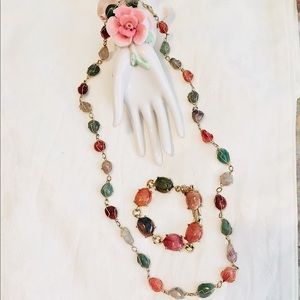 Vintage Earthtone Stone Gold Wire Wrapped Necklace & Bracelet